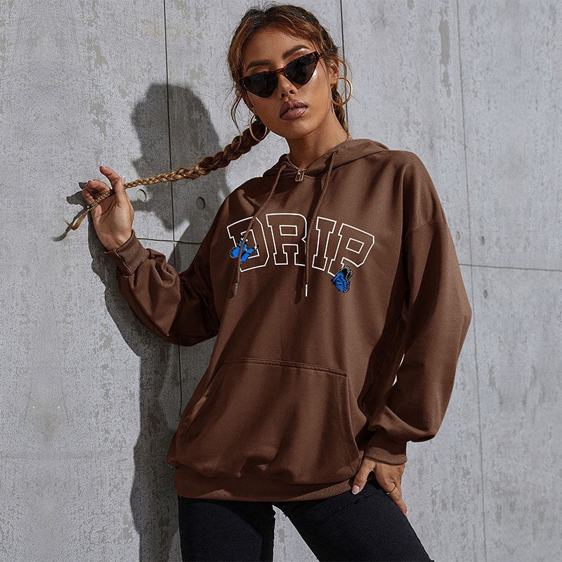 Women's Oversized Hoodie with Kangaroo Pocket and Butterfly Embroidery Mune Fashion