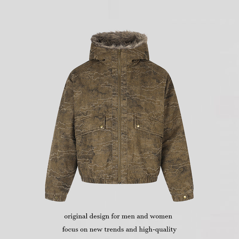 Women Padded Hooded Bomber Jacket with Faux Fur Trim, Camouflage Effect and Elastic Hem Mune Fashion