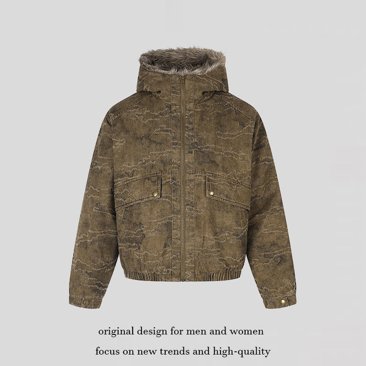 Women Padded Hooded Bomber Jacket with Faux Fur Trim, Camouflage Effect and Elastic Hem Mune Fashion
