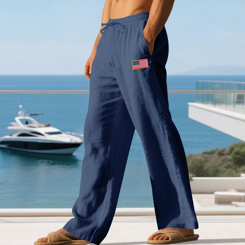 Men's Maritime Relaxed-Fit Linen-Look Casual Pants with Drawstring & Flag Patch Mune Fashion