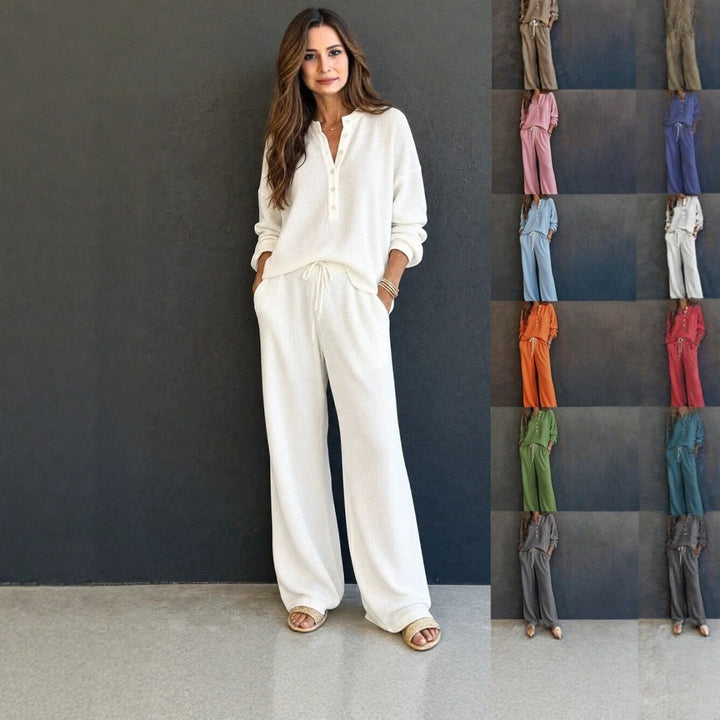 Women's Waffle Knit Loungewear Set with Henley Top, Drawstring Waist and Wide Palazzo Pants Mune Fashion