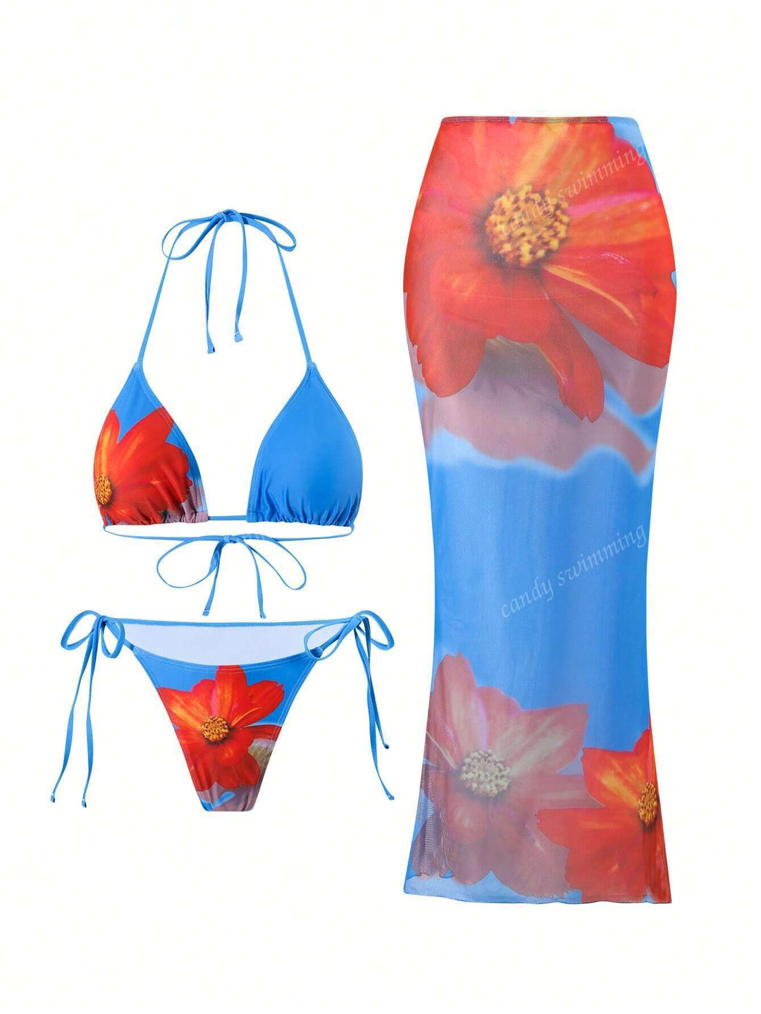 Women's triangle bikini set with floral patterns and transparent maxi skirt Mune Fashion