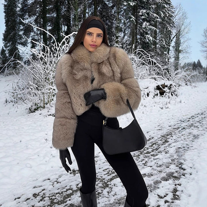 Women's Short Cut Luxury Faux Fur Blouson with Voluminous Shawl Collar Mune Fashion