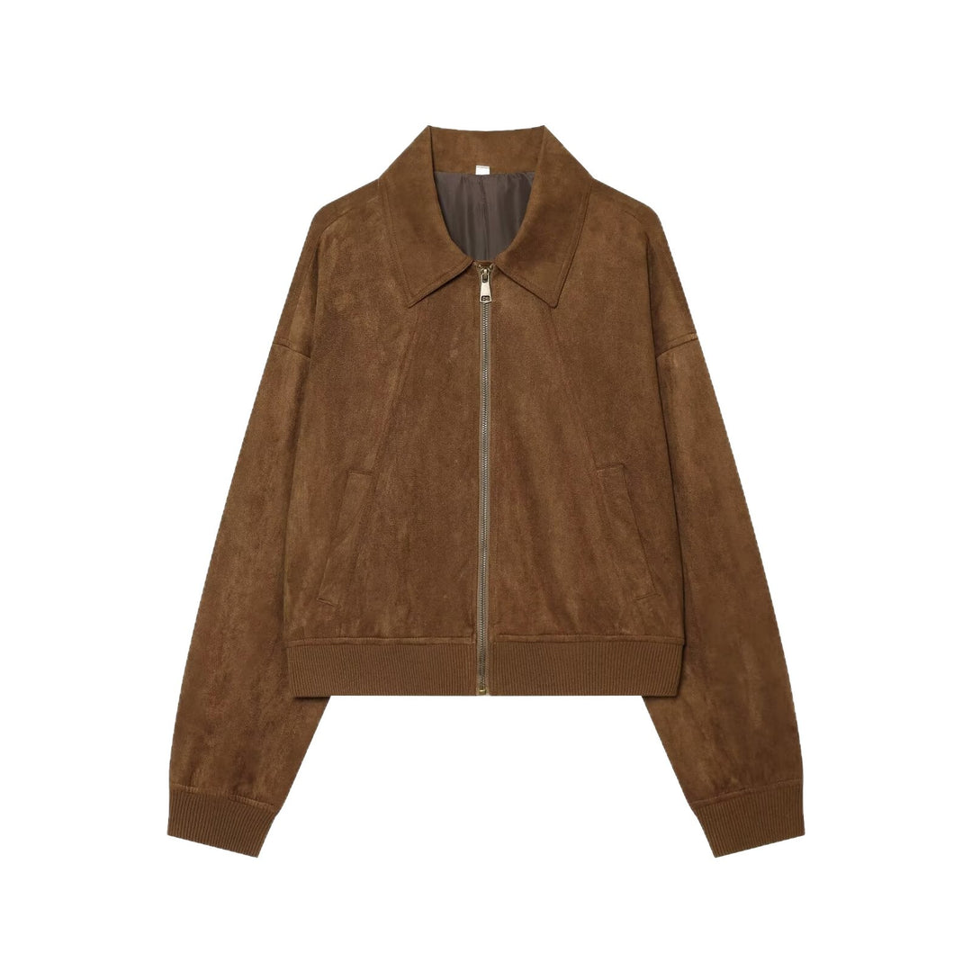Women’s short cut suede look bomber jacket with shirt collar and ribbed cuffs Mune Fashion