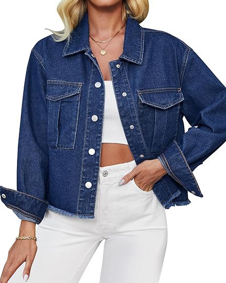 Women's cropped oversized denim jacket with raw hem and patch chest pockets Mune Fashion