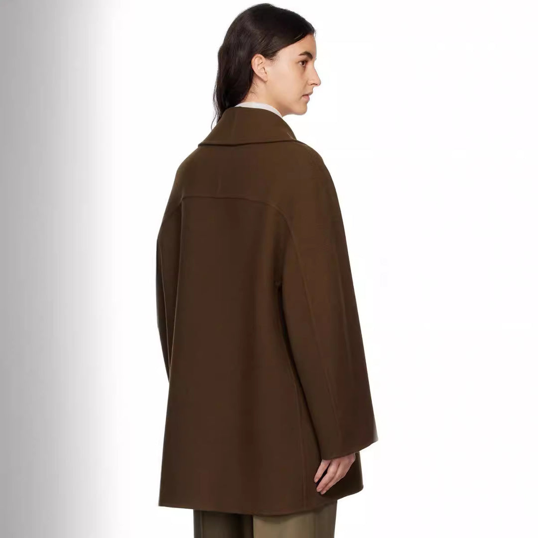 Women Short Cut Oversized Double Breasted Wool Blend Coat with Round Shawl Collar Mune Fashion