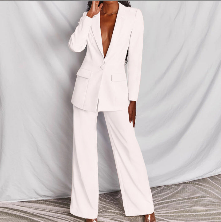 Women's tailored pantsuit with deep lapel, single-button closure, and palazzo pants Mune Fashion