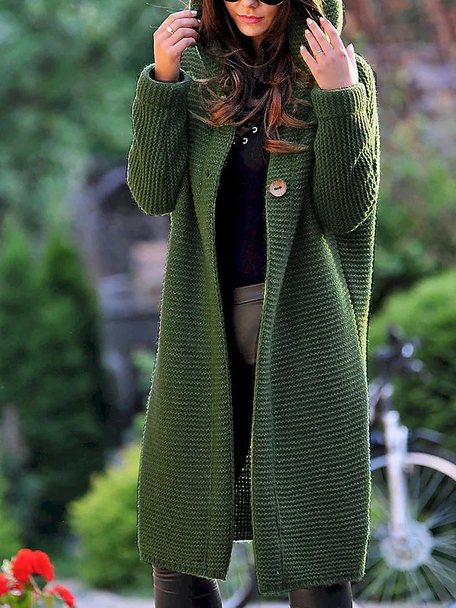 Women's Hooded Knit Coat with Oversized Cut and Button Placket Mune Fashion