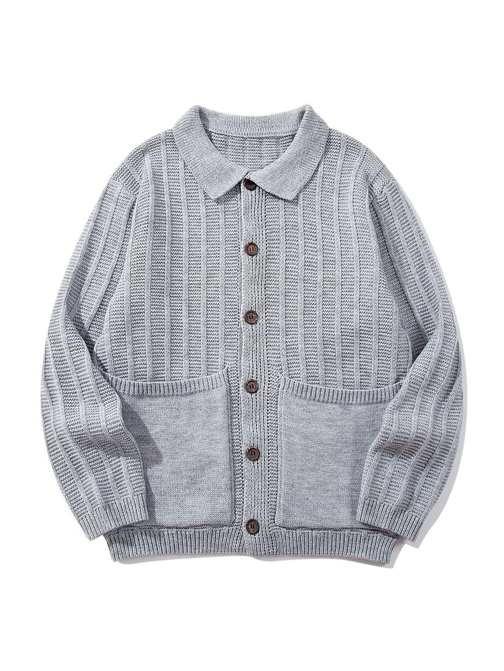 Unisex Textured Knit Cardigan with Shirt Collar and Patch Pockets Mune Fashion
