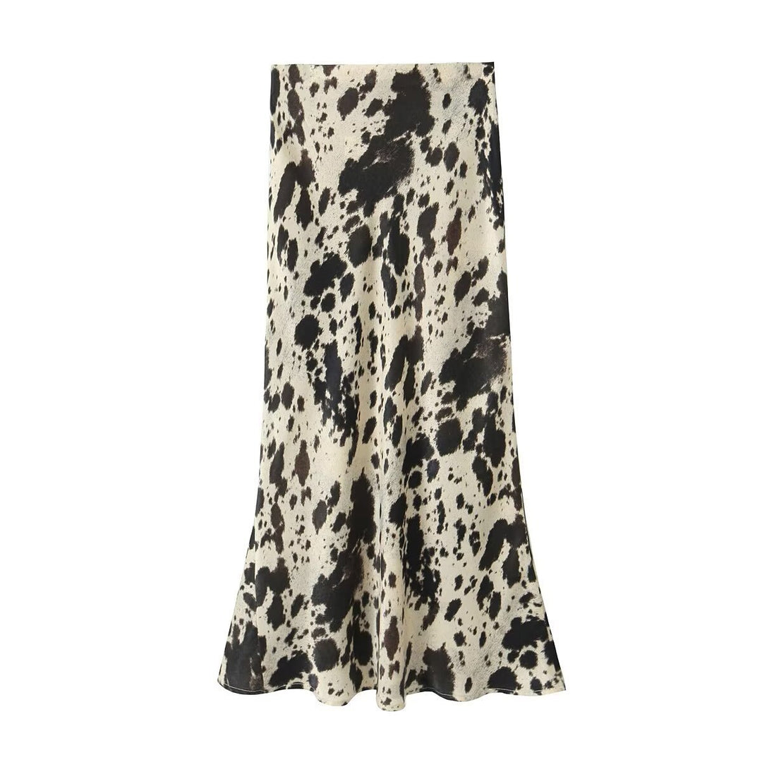 Women's Long Satin Skirt in Bias Cut with Abstract Animal Print Mune Fashion