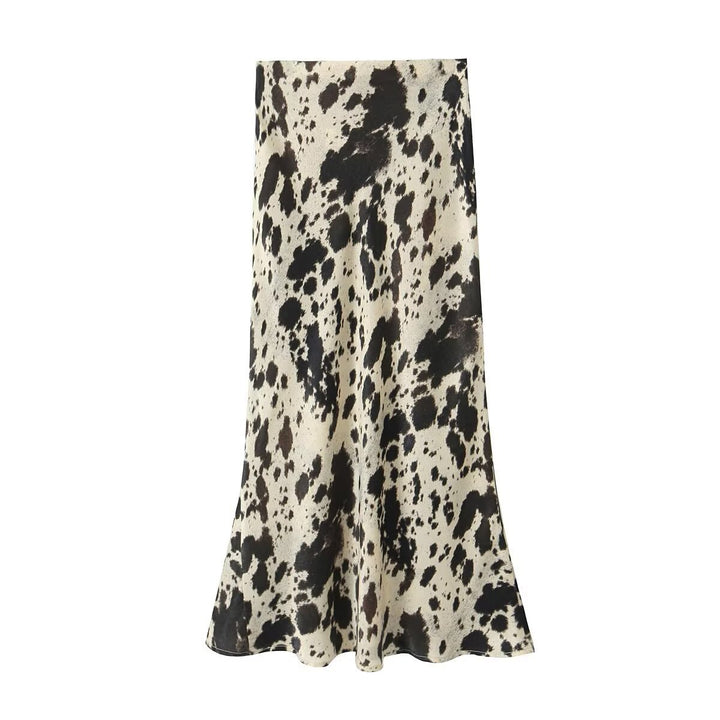 Women's Long Satin Skirt in Bias Cut with Abstract Animal Print Mune Fashion