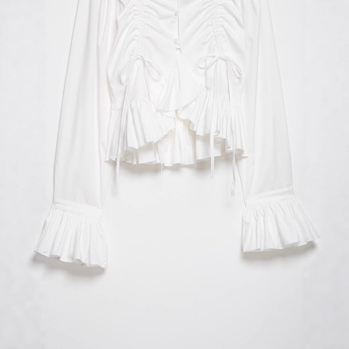 Women's Short Gathered Blouse with Drawstring, Ruffles, and Balloon Sleeves Mune Fashion