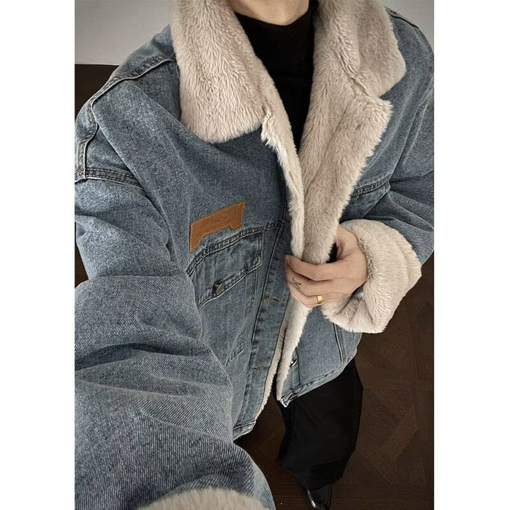 Men's Denim Jacket with Faux Fur Collar Mune Fashion
