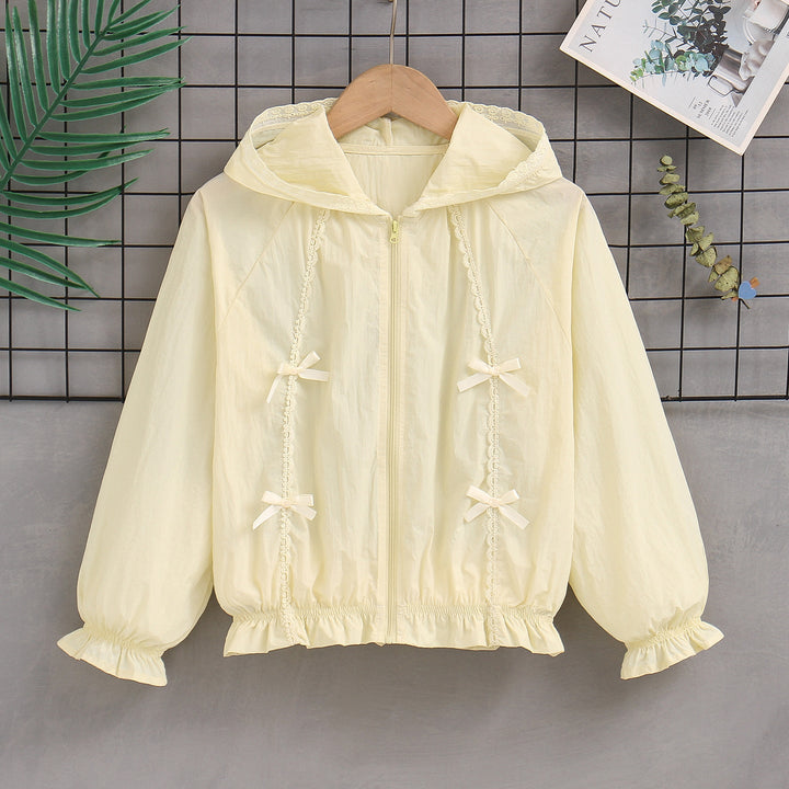 Women’s romantic hooded jacket with lace decor, decorative bows and gathered hem Mune Fashion