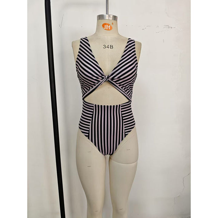 Women One-Piece Swimsuit with Cut-Out Design and Striped Pattern Mune Fashion