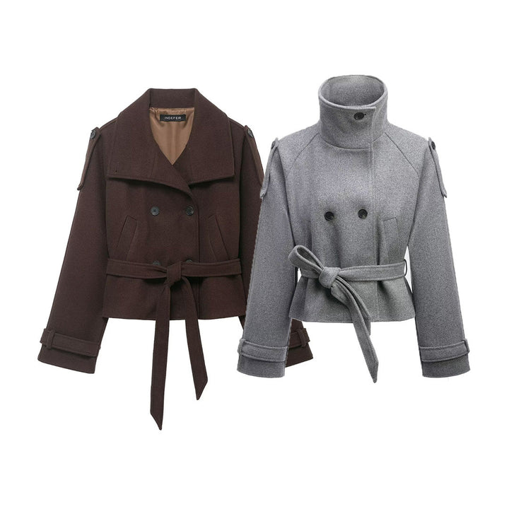 Women's Cropped Wool Blend Short Coat with High Stand-up Collar, Epaulettes, and Waist Belt Mune Fashion