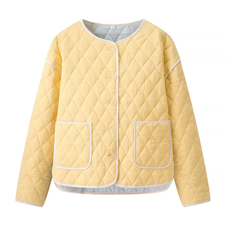 Women's quilted transition jacket with round neck oversized pockets and contrast piping Mune Fashion
