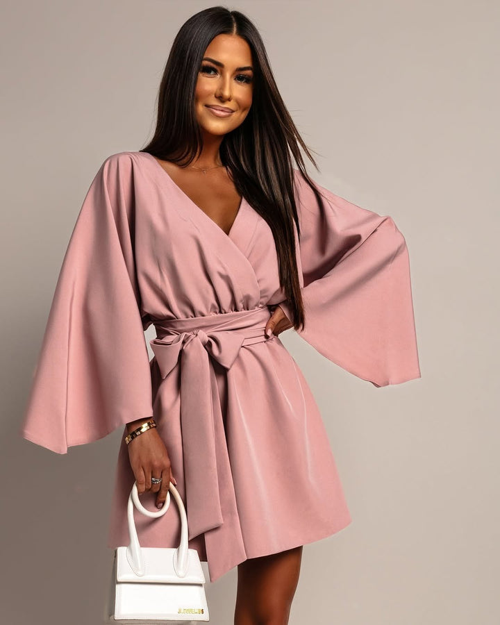 Women's Wrap Mini Dress with Kimono Sleeves and Waist Belt Mune Fashion