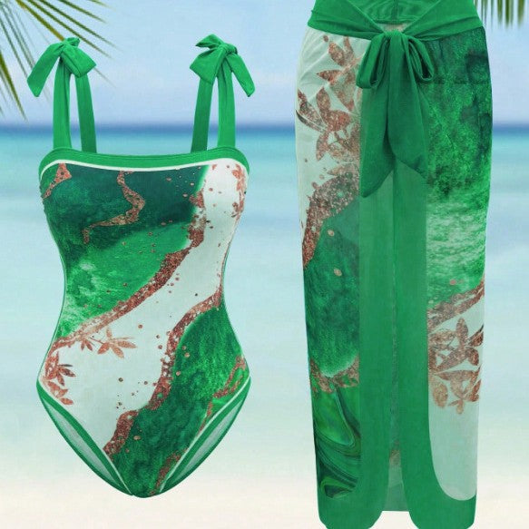 Women Elegant One-Piece Swimsuit with Matching Beach Skirt Mune Fashion
