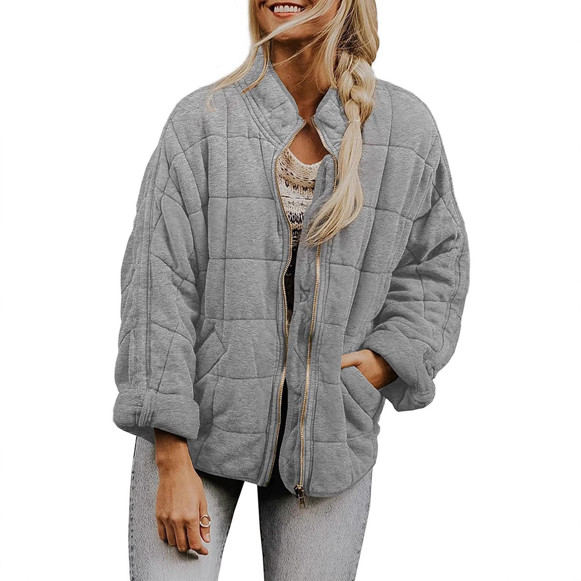 Women's Oversize Quilted Jacket with Zipper and Side Pockets Mune Fashion
