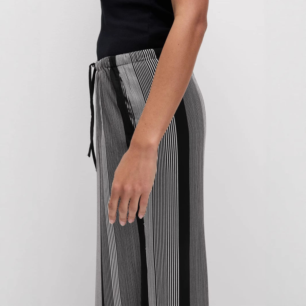 Women's Wide Palazzo Pants with Elastic Waistband, Drawstring and Vertical Stripe Pattern Mune Fashion