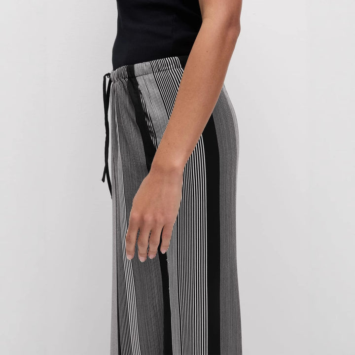 Women's Wide Palazzo Pants with Elastic Waistband, Drawstring and Vertical Stripe Pattern Mune Fashion