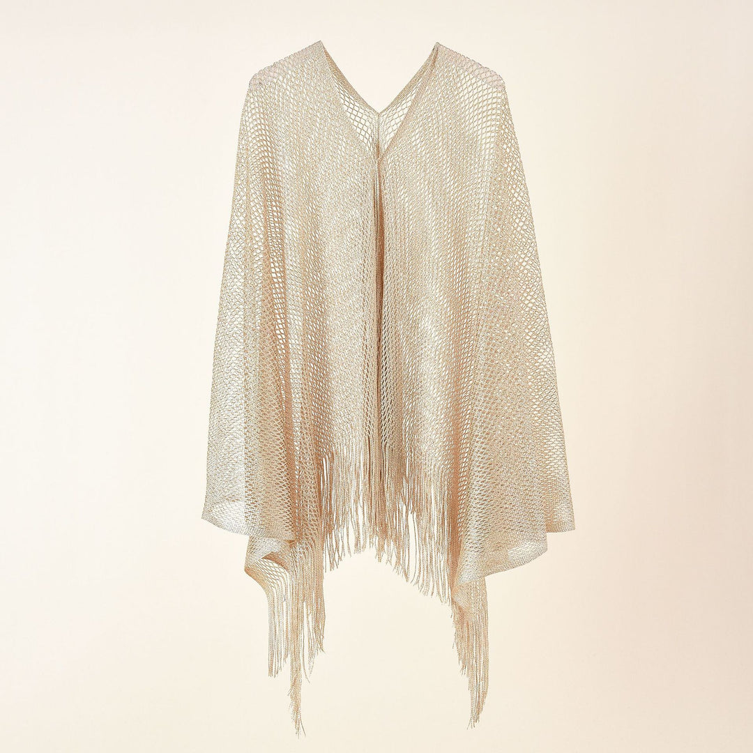Ladies fine knit mesh stole with metallic shine and long fringes Mune Fashion