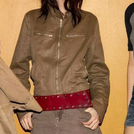 Ladies short blouson in velour look with stand-up collar, zipper and decorative studs Mune Fashion