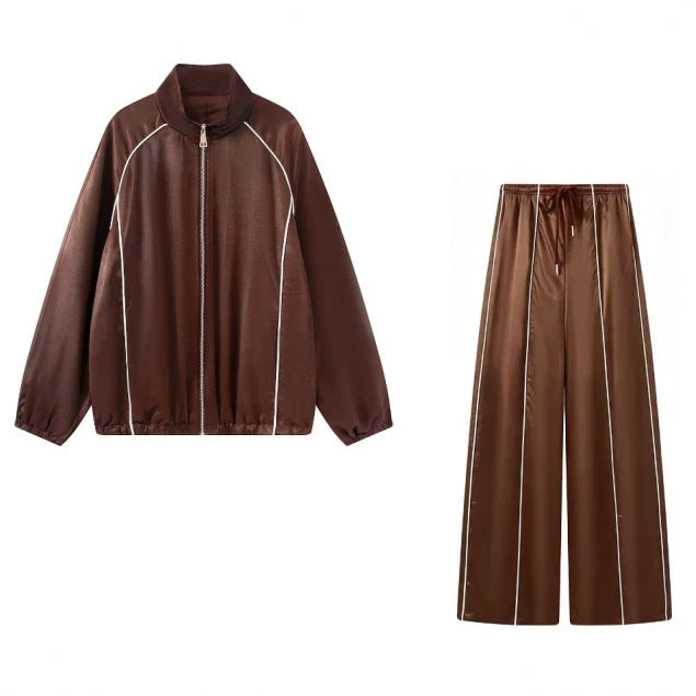 Women's Two-Piece Satin Training Set with Zip Jacket and Wide Track Pant Mune Fashion