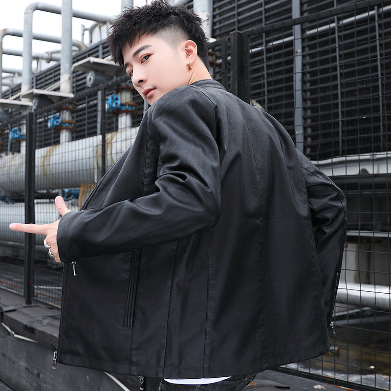 Men's Slim Faux Leather Moto Blouson with Stand Collar and Zipper Sleeves Mune Fashion