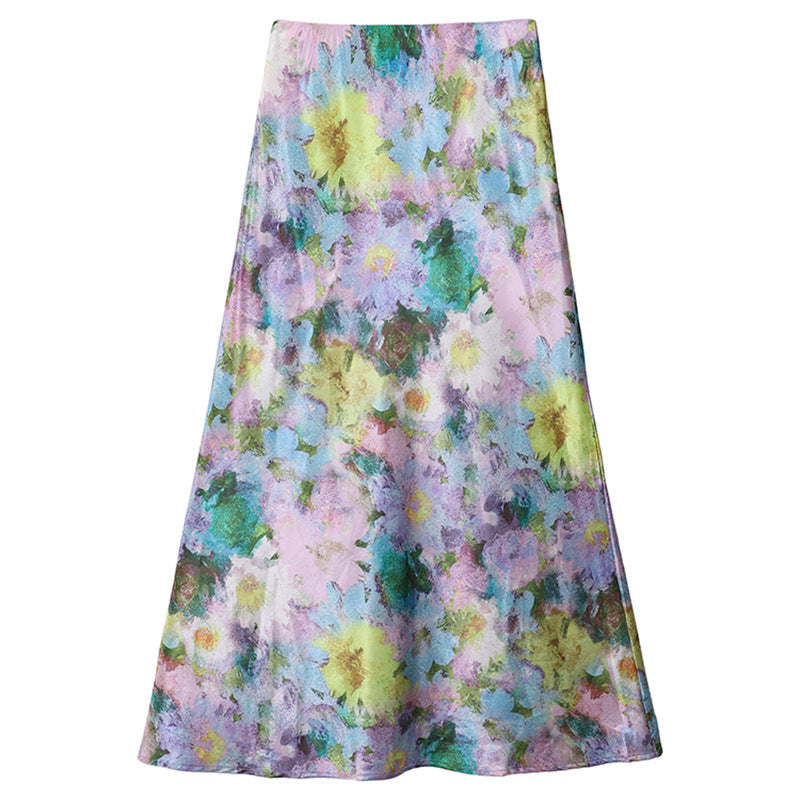 Women's elegant A-line midi skirt with watercolor floral print and fine satin look.