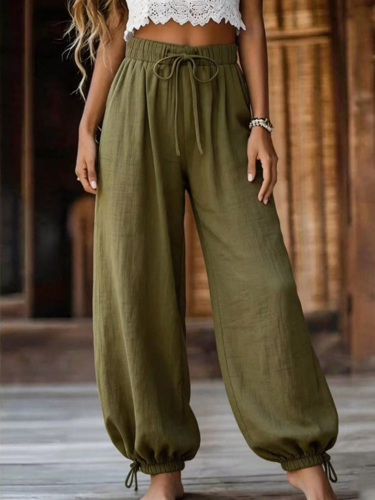 Ladies Lightweight Linen Pants with Wide Leg and Elastic Waistband Mune Fashion