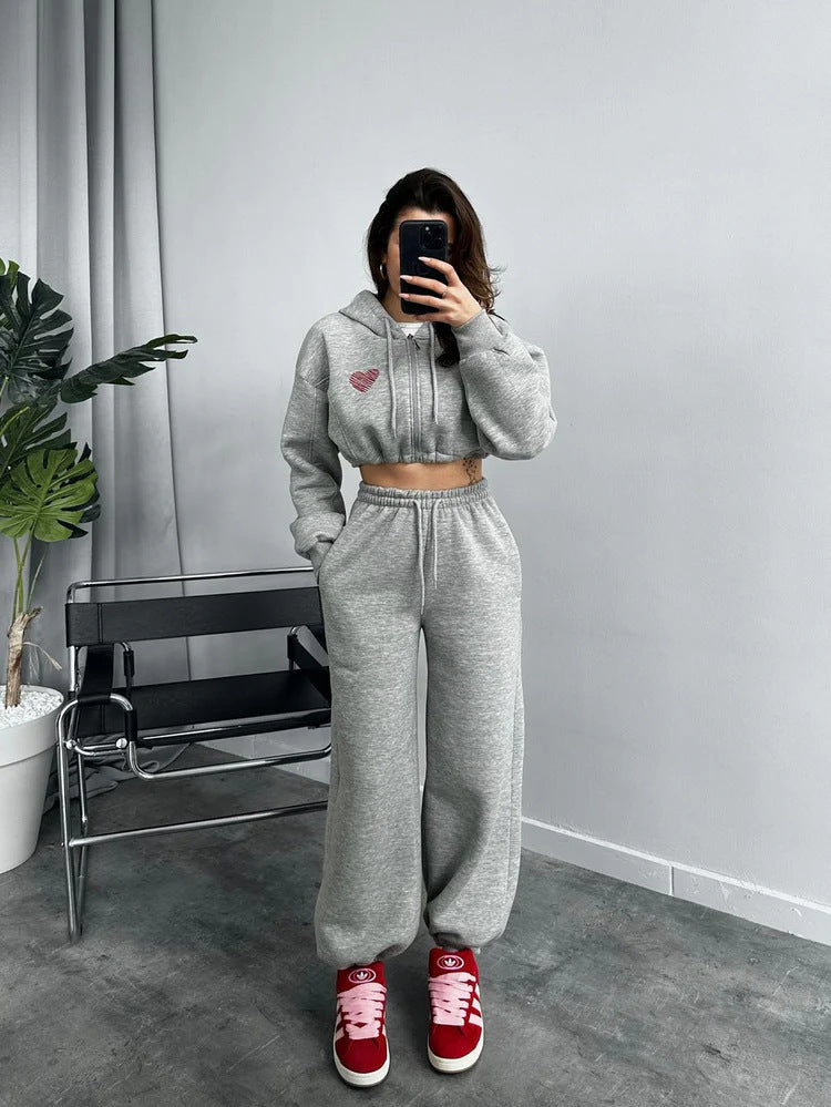 Ladies Cropped Hooded Zip Set with Heart Embroidery and Wide High-Waist Jogging Pants Mune Fashion