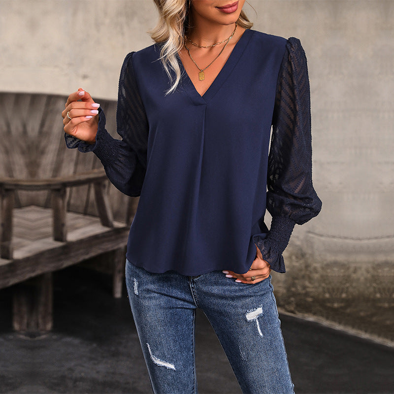 Women's Loose V-Neck Chiffon Blouse Shirt with Transparent Balloon Sleeves and Smocked Cuffs Mune Fashion