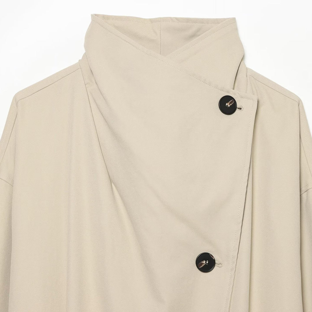 Women's Wide-Cut Trench Coat with Funnel Collar, Asymmetrical Button Placket, and Tied Belt Mune Fashion