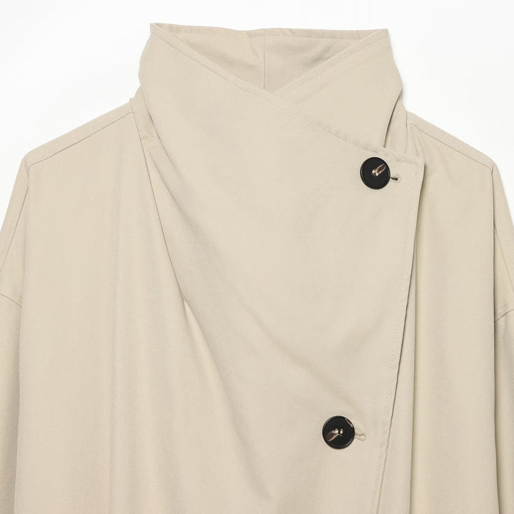 Women's Wide-Cut Trench Coat with Funnel Collar, Asymmetrical Button Placket, and Tied Belt Mune Fashion