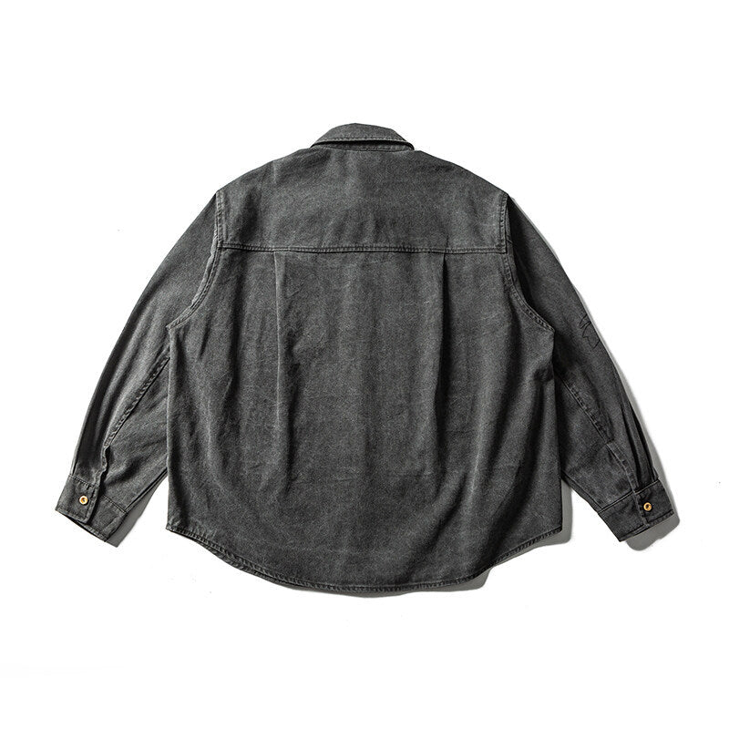 Unisex Oversized Shirt Jacket with Embroidered Leaf Motifs and Rounded Hem Mune Fashion
