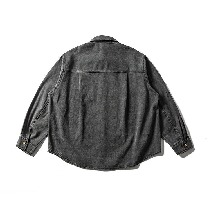 Unisex Oversized Shirt Jacket with Embroidered Leaf Motifs and Rounded Hem Mune Fashion