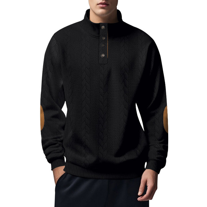 Men's structured cable knit Henley sweater with stand-up collar and elbow patches Mune Fashion
