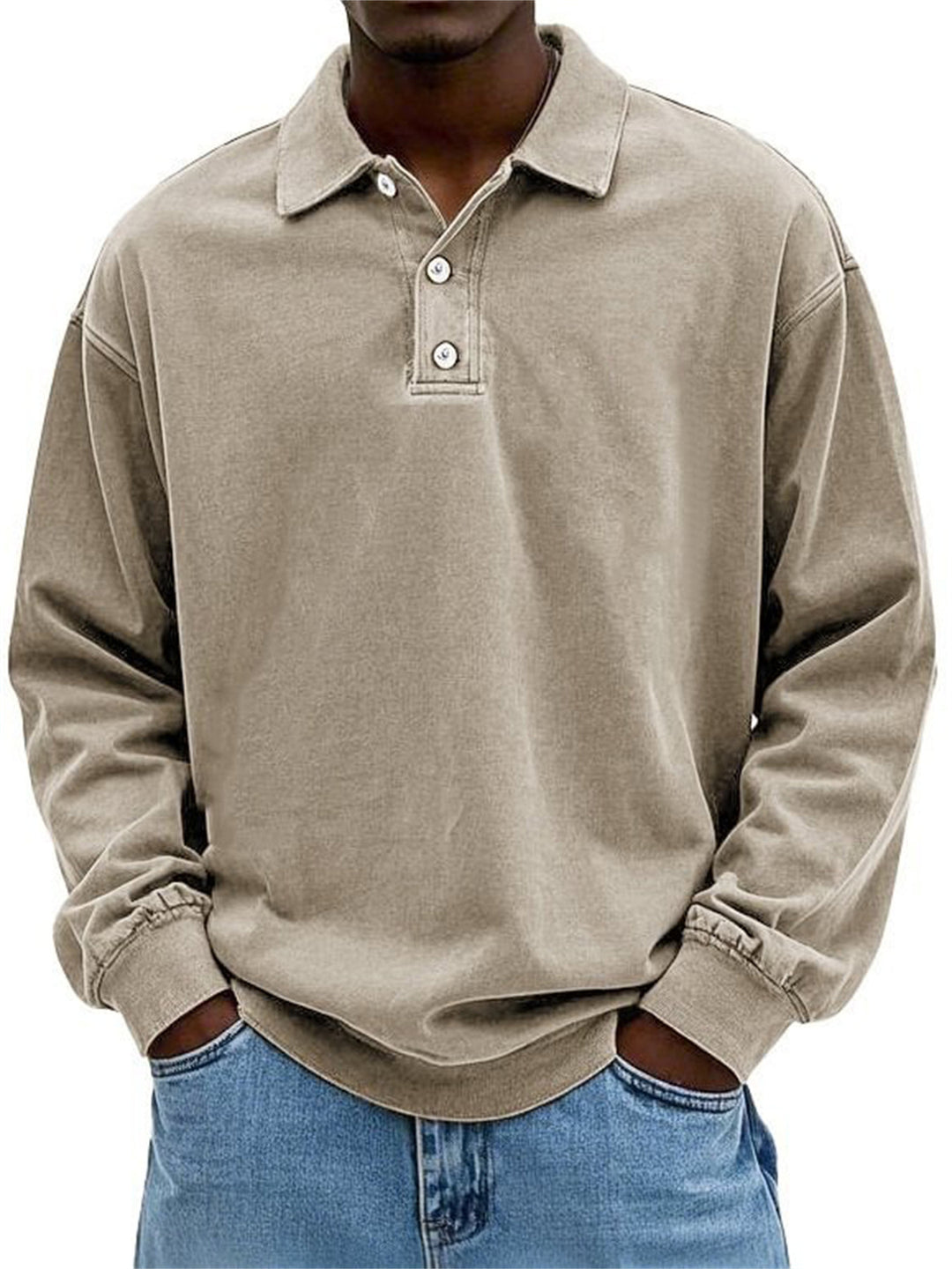 Men's Oversize Denim Look Polo Sweatshirt with Short Button Placket and Elastic Cuffs EB