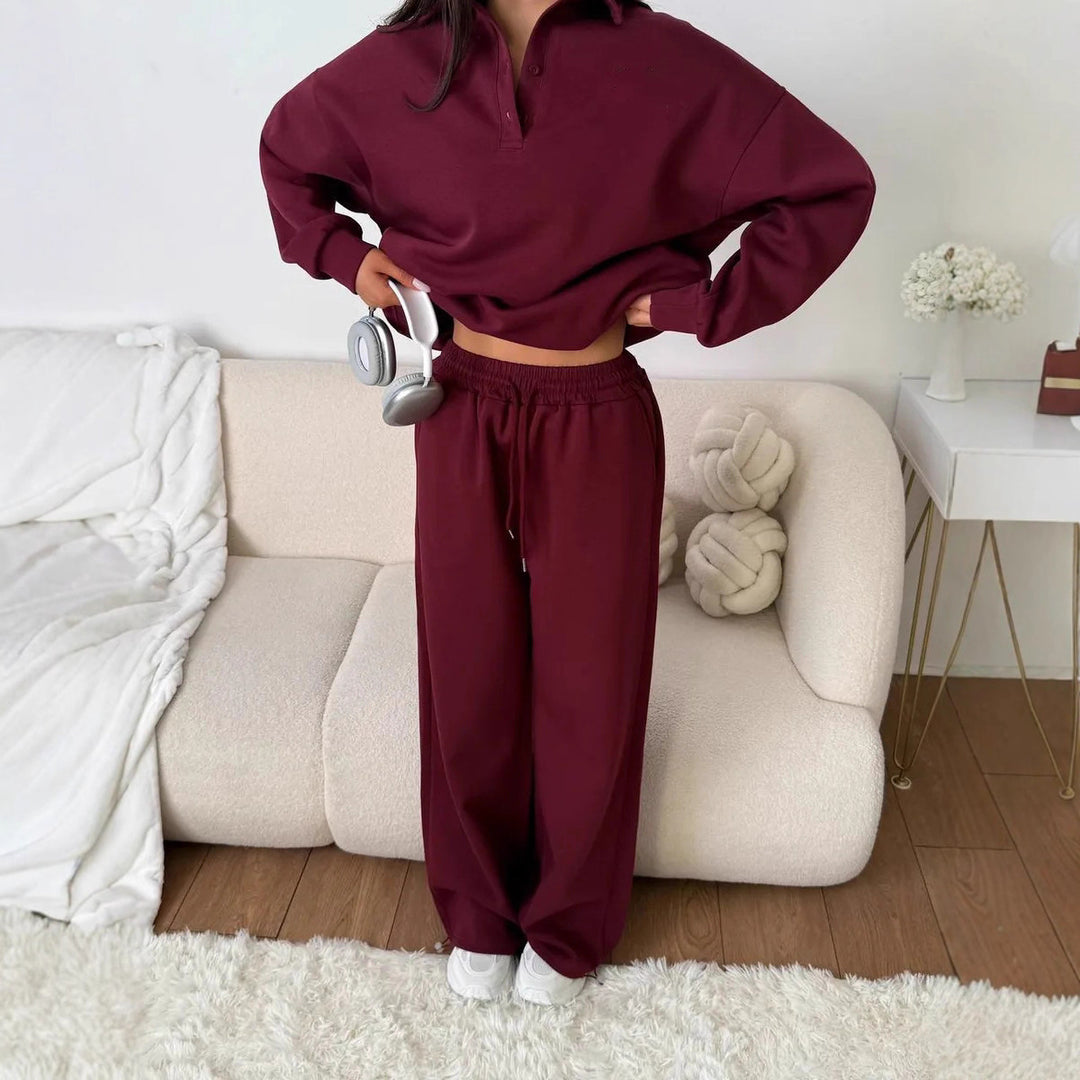 Women's wide Polo lounge set with elastic drawstring waistband and wide-leg jogging pants Mune Fashion