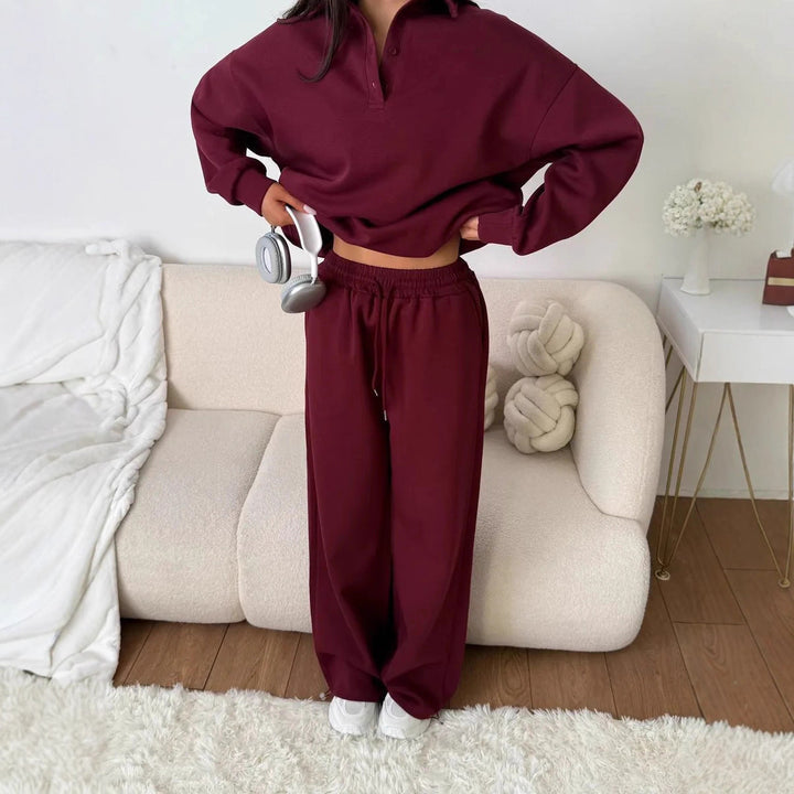 Women's wide Polo lounge set with elastic drawstring waistband and wide-leg jogging pants Mune Fashion