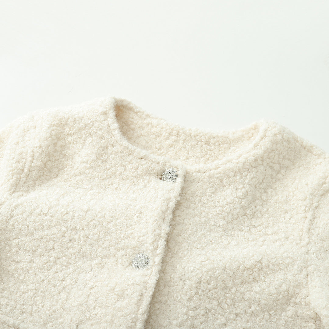 Women's Cropped Boucle Jacket with Round Neckline, Flap Pockets and Shimmering Decorative Buttons Mune Fashion