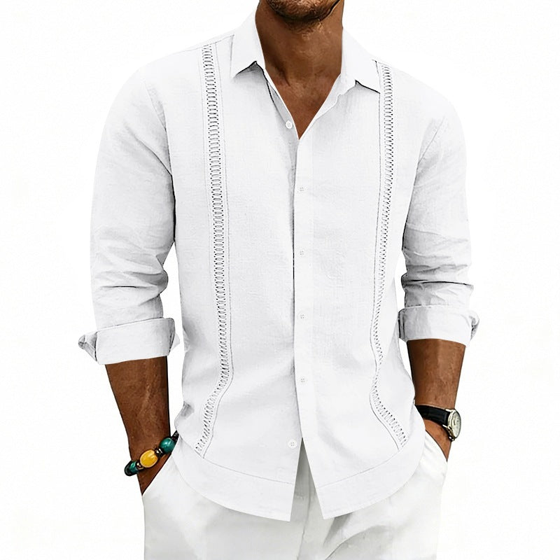Men's Lightweight Cotton Long Sleeve Shirt with Decorative Stitches and Kent Collar Mune Fashion