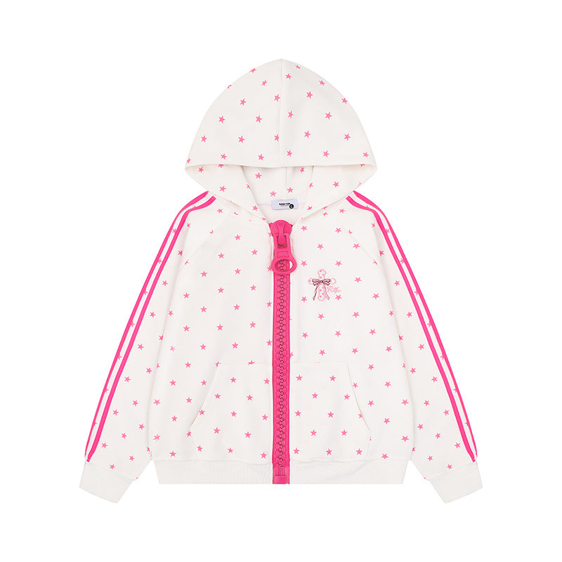 Women's hoodie sweatshirt with star all-over print, wide contrast zipper and side stripes Mune Fashion