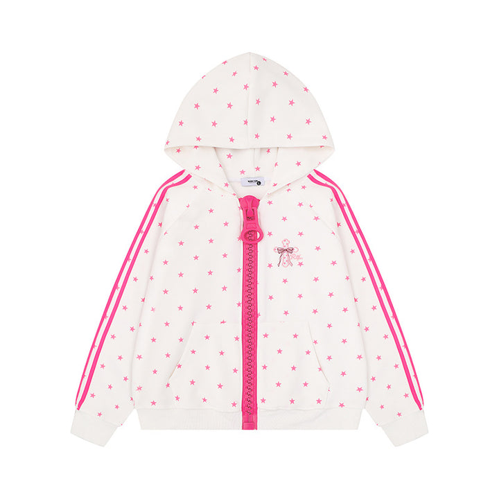 Women's hoodie sweatshirt with star all-over print, wide contrast zipper and side stripes Mune Fashion