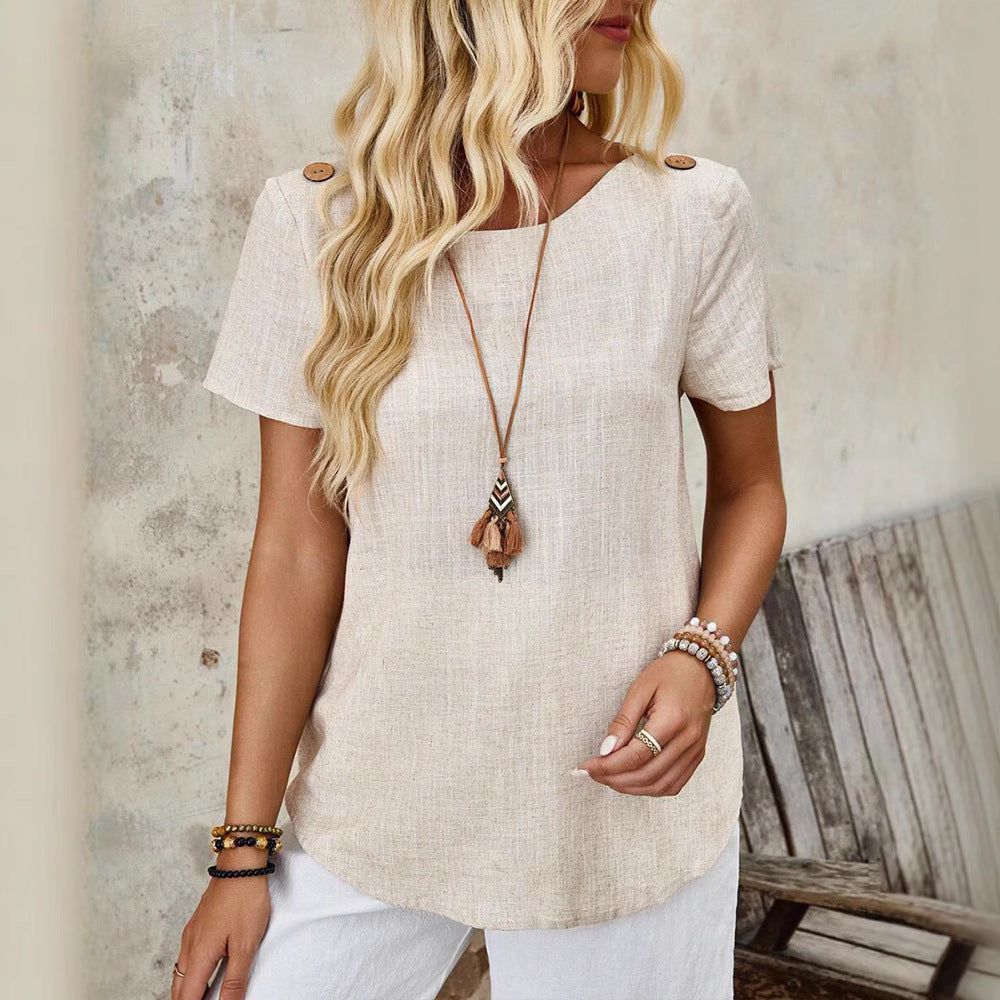 Women's relaxed fit linen blend tunic top with round neckline, wooden button details on the shoulder and curved hem Mune Fashion