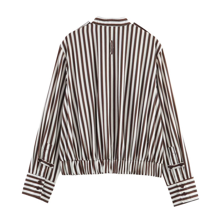 Women's Striped Cropped Blouse Jacket with Standing Collar, Asymmetrical Flap Pocket and Elastic Hem Mune Fashion
