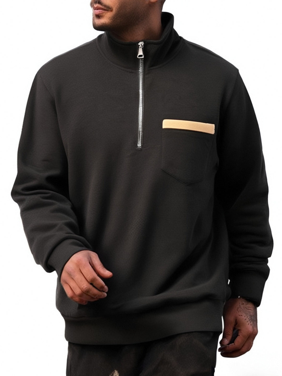 Men's finely structured half-zip fine knit pullover with stand-up collar, chest pocket, and slim silhouette Mune Fashion