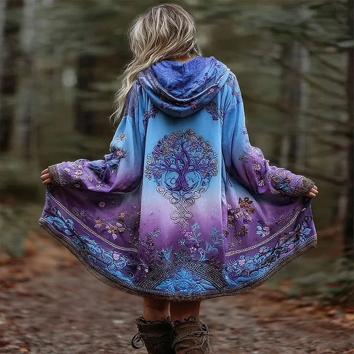 Women’s Boho Hooded Coat in Swing Cut with Tree Motif and Gradient Mune Fashion